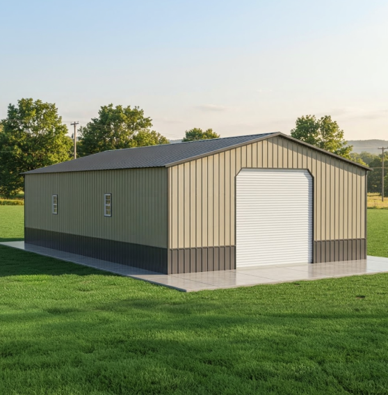 Metal garage with two roll-up doors