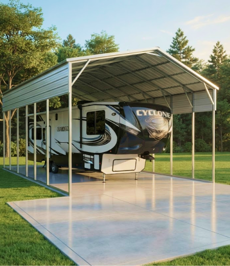 Metal carport sheltering a vehicle beside a home