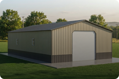 Metal storage building on a gravel pad