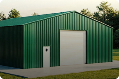Metal workshop building with a side entry door